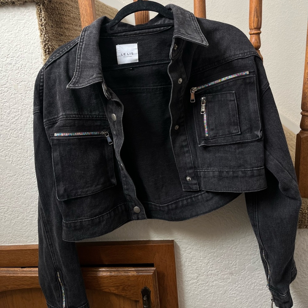 Black Cropped jean jacket rainbow zippers